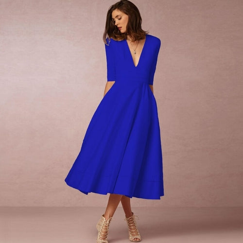 Deep V Medium Sleeve Swing Dress