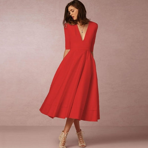 Deep V Medium Sleeve Swing Dress