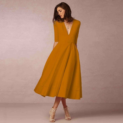 Deep V Medium Sleeve Swing Dress
