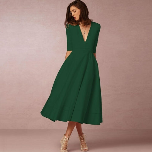Deep V Medium Sleeve Swing Dress