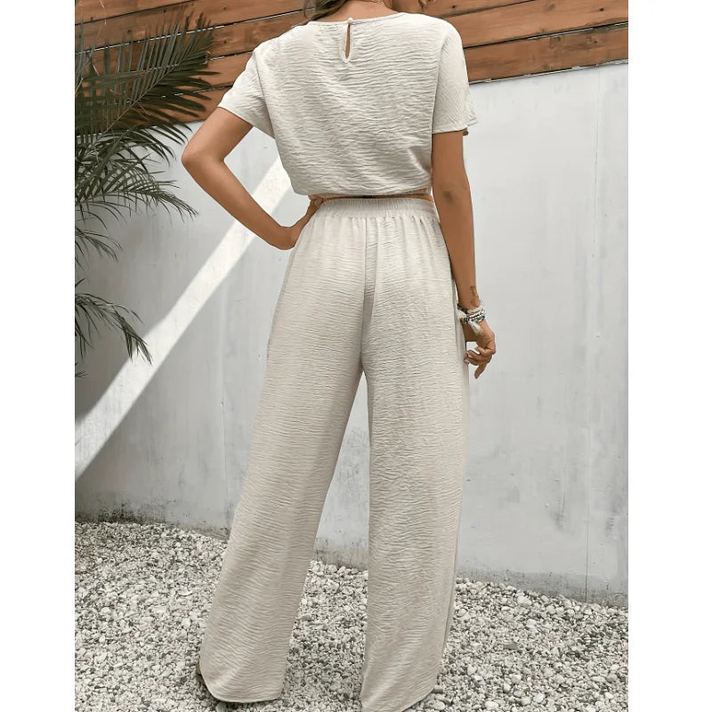 Texture Solid Color Two Piece Suit For Women 2024 Summer Casual O Neck Elasticated Hem Top And Pants Streetwear Sets