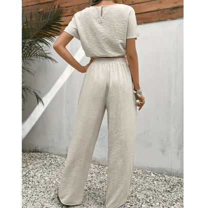 Texture Solid Color Two Piece Suit For Women 2024 Summer Casual O Neck Elasticated Hem Top And Pants Streetwear Sets