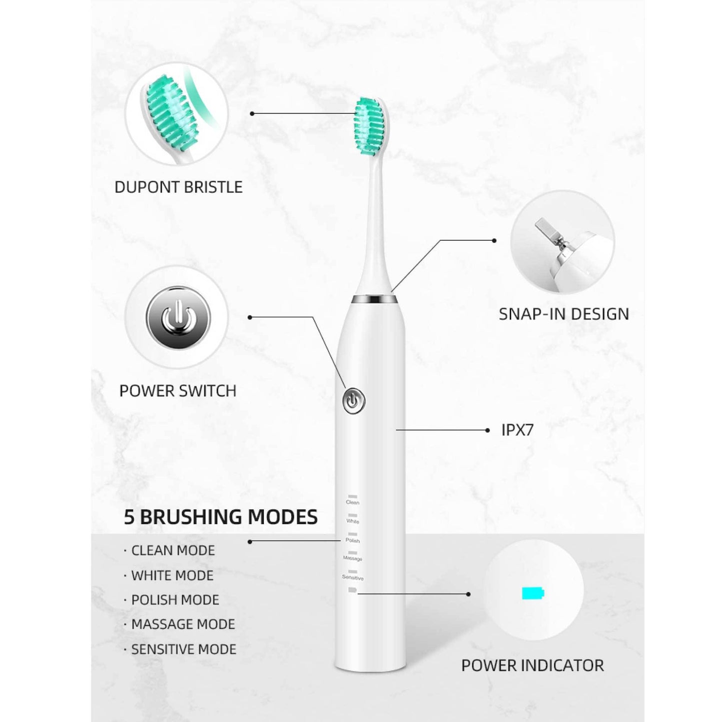 Sonic Electric Toothbrush White USB Wireless Charging Smart 5 Modes 2