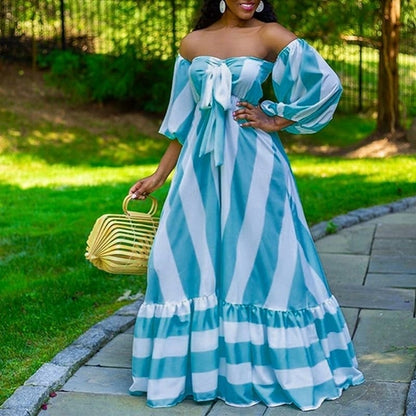Striped Lantern Sleeve Strapless Maxi Dress