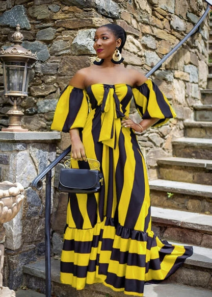 Striped Lantern Sleeve Strapless Maxi Dress