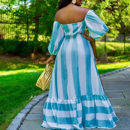 Striped Lantern Sleeve Strapless Maxi Dress