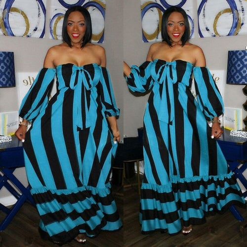 Striped Lantern Sleeve Strapless Maxi Dress