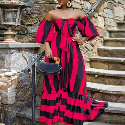 Striped Lantern Sleeve Strapless Maxi Dress