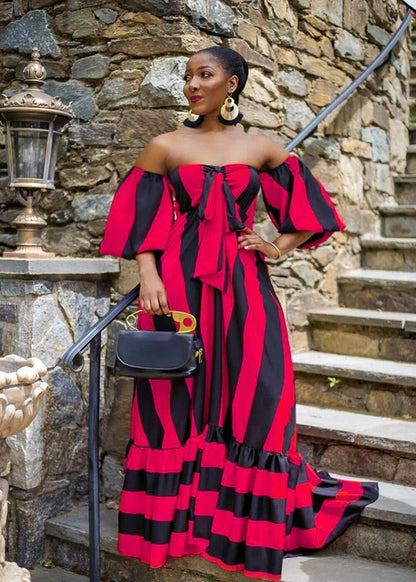 Striped Lantern Sleeve Strapless Maxi Dress