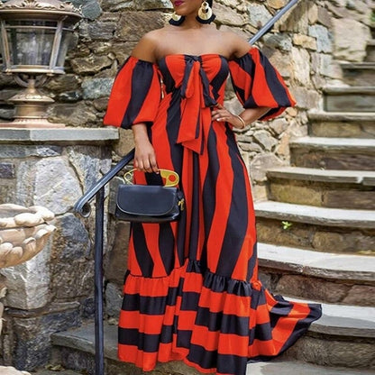 Striped Lantern Sleeve Strapless Maxi Dress
