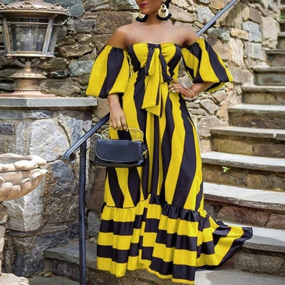 Striped Lantern Sleeve Strapless Maxi Dress