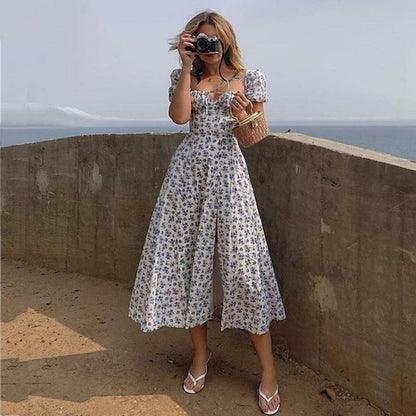 Boho Floral Print Summer Slit Maxi Long Dress
