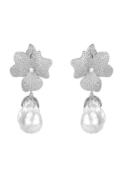 Baroque Pearl White Flower Drop Earring Silver