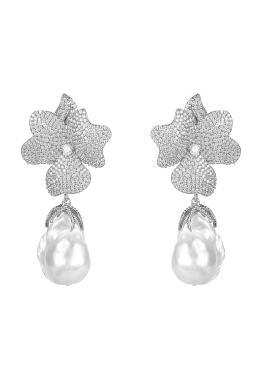 Baroque Pearl White Flower Drop Earring Silver