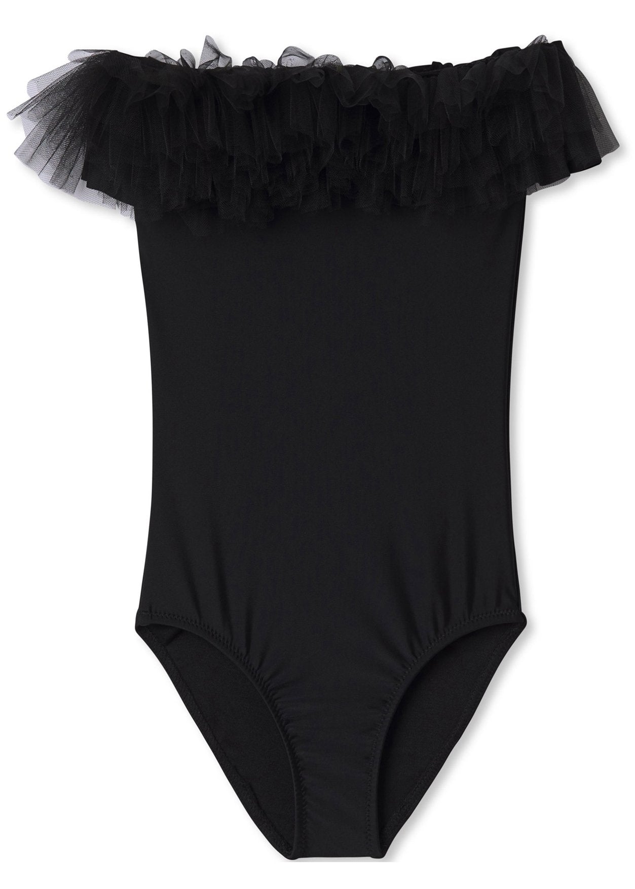 Black Draped Swimsuit with Tulle for Girls