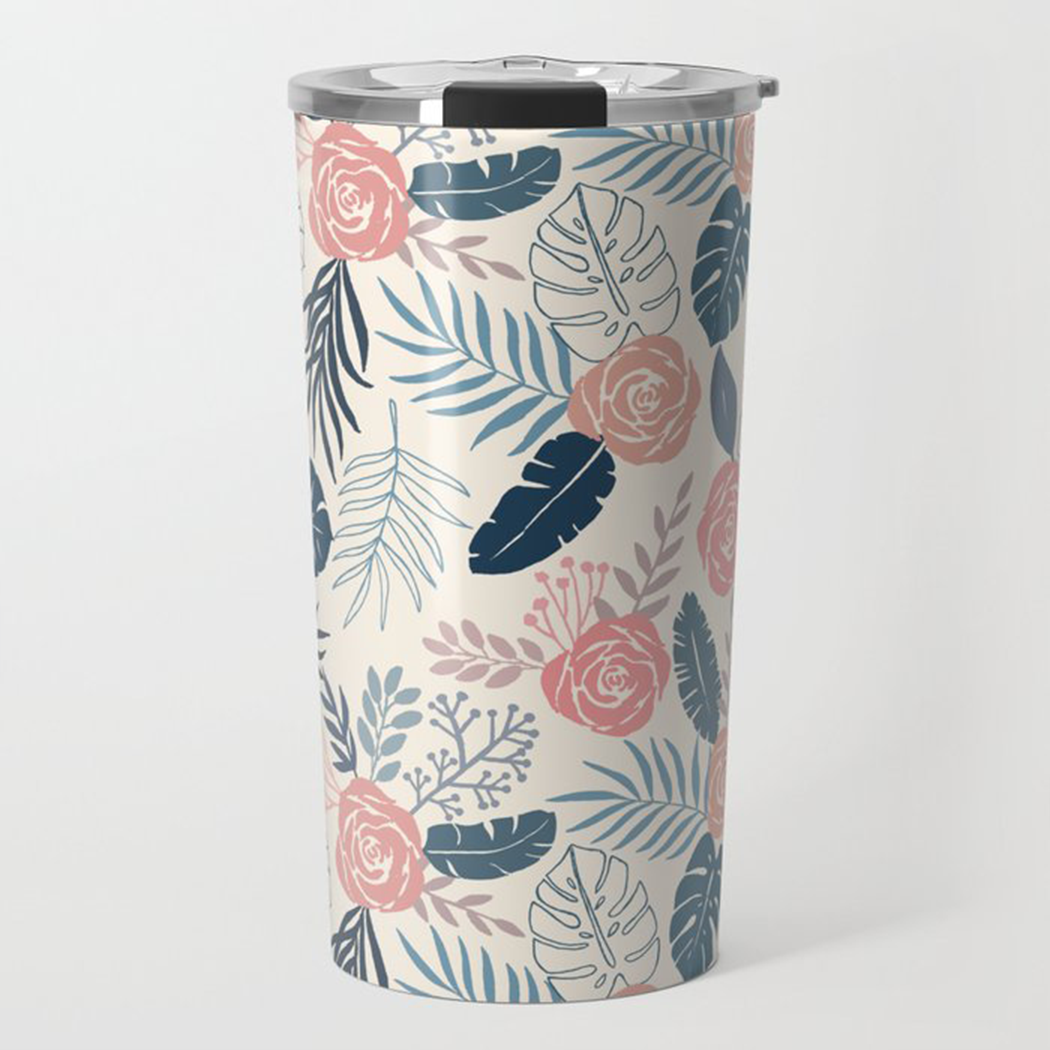 Blue & Blush Tropical Floral Travel Coffee Mug