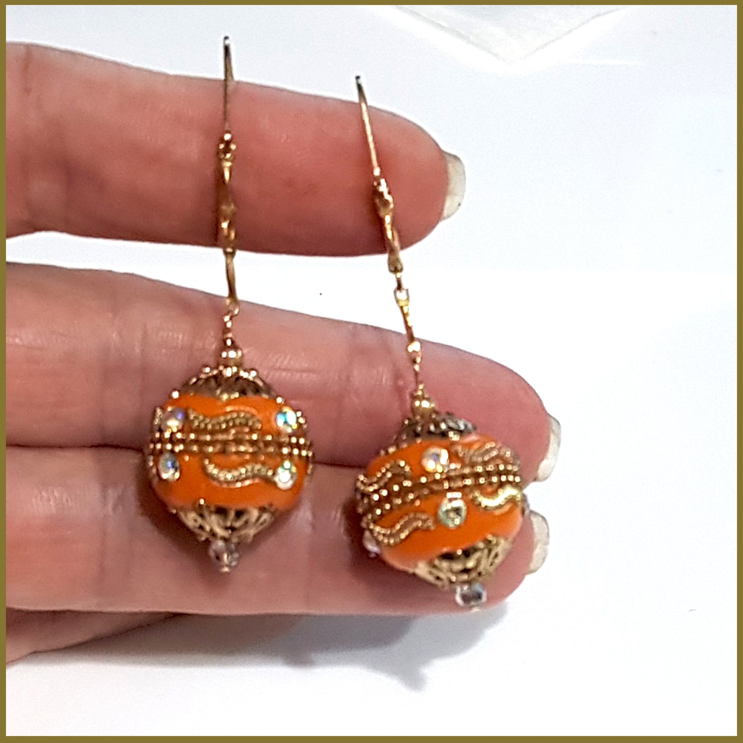 Orange Long Dangle, Gold Filled Earrings