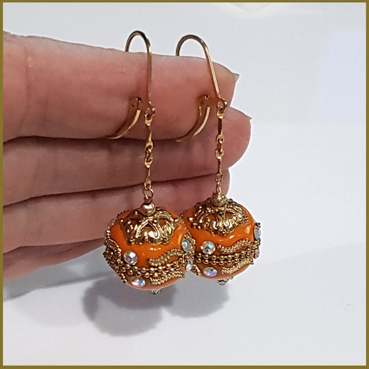 Orange Long Dangle, Gold Filled Earrings