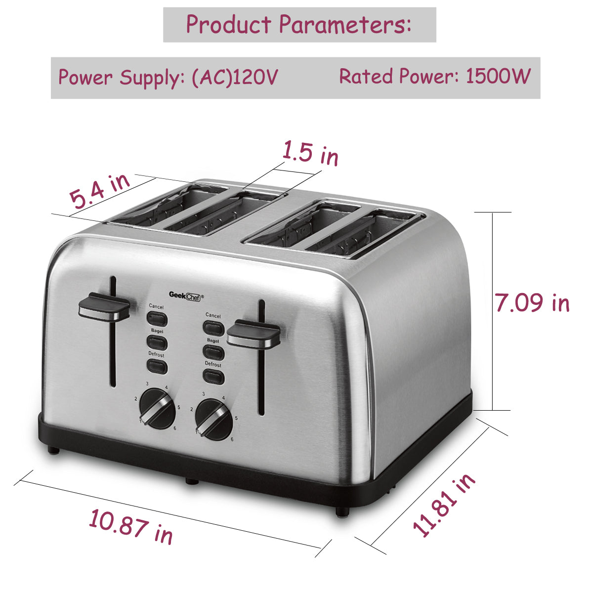 Geek Chef 4 Slice Toaster Stainless Steel Extra-Wide Slot Toaster