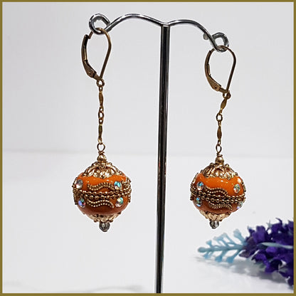 Orange Long Dangle, Gold Filled Earrings