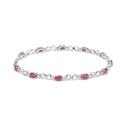 .925 Sterling Silver Pink Oval Shaped Ruby and 1/4 Cttw Diamond 7.25" Link Bracelet (I-J Color, I2-I3 Clarity)