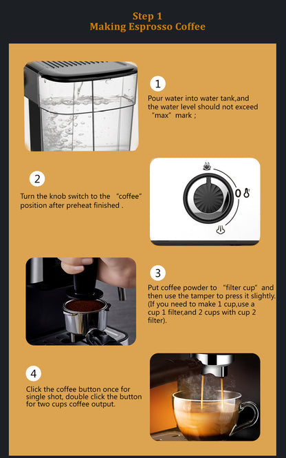 1200W 20 Bar Espresso Coffee Machine Instant Preheat Coffee Maker with