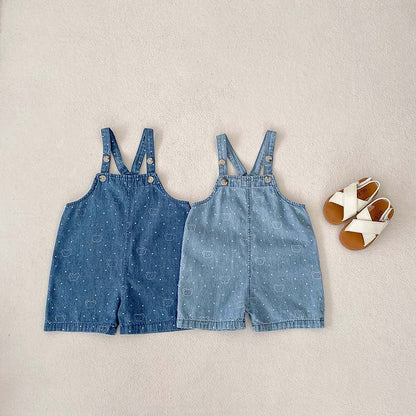 Summer Baby Kids Unisex Teddy Print White Dots Denim Overalls